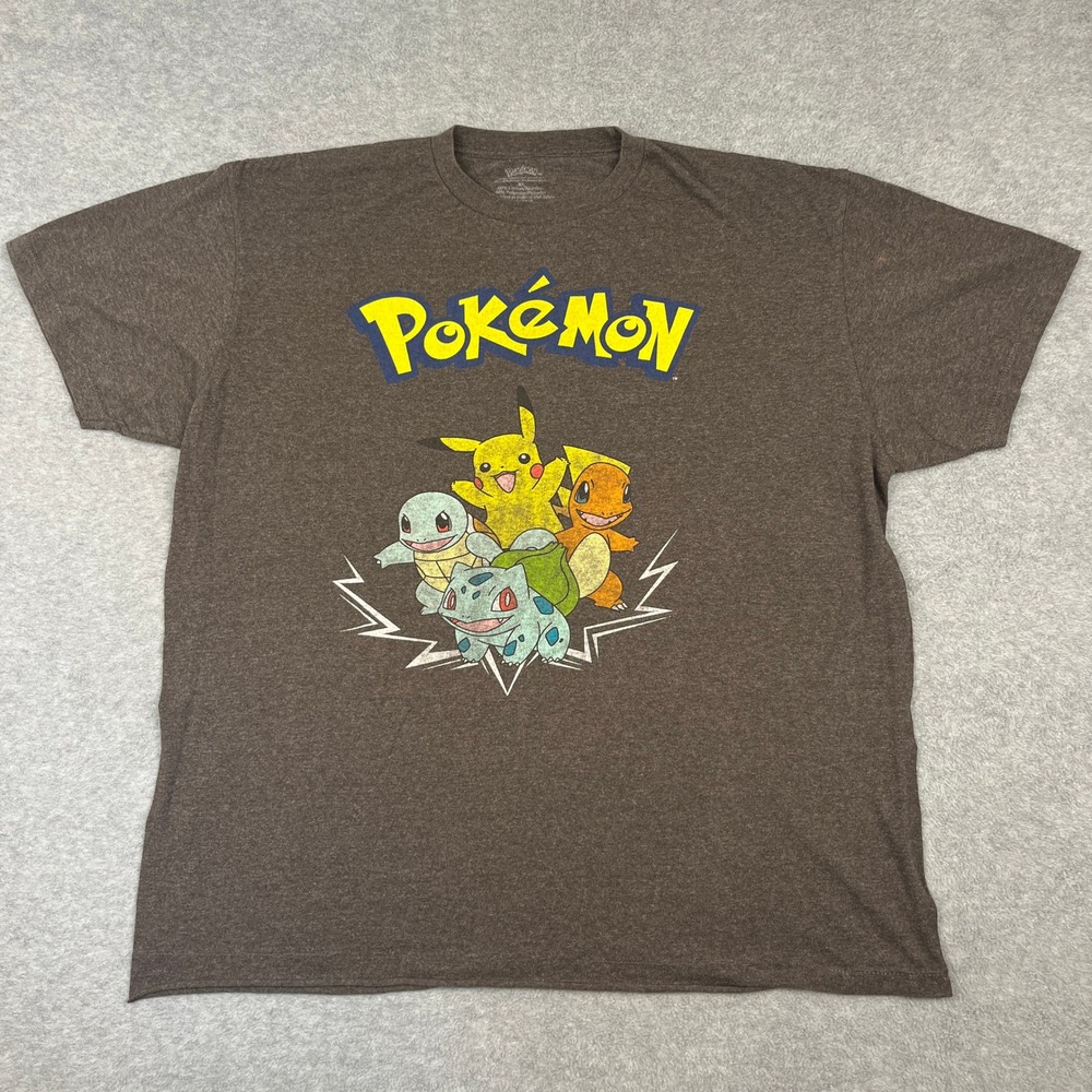 Pokemon T-Shirt Mens XL Gray Pikachu Bulbasaur Charmander Squirtle Graphic Tee